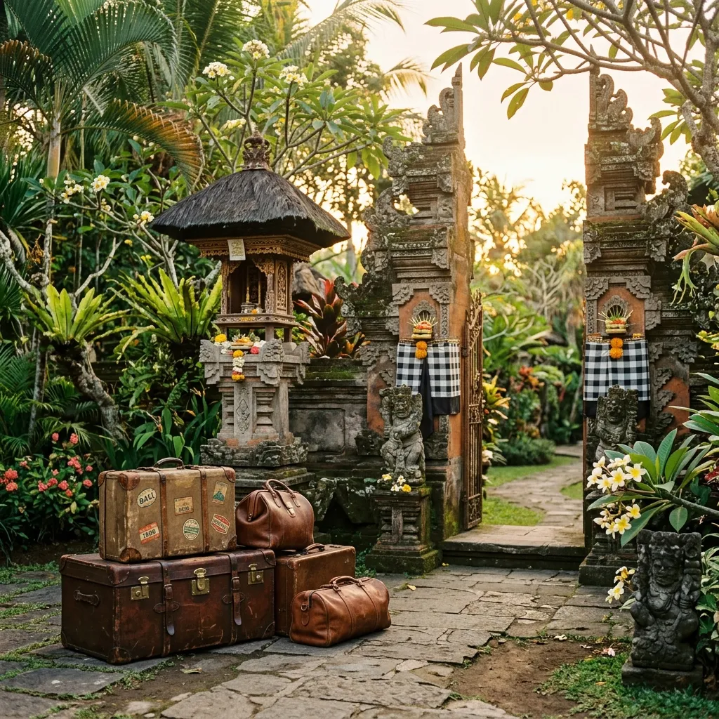 Llegada a Bali con maletas vintage frente a un templo tradicional