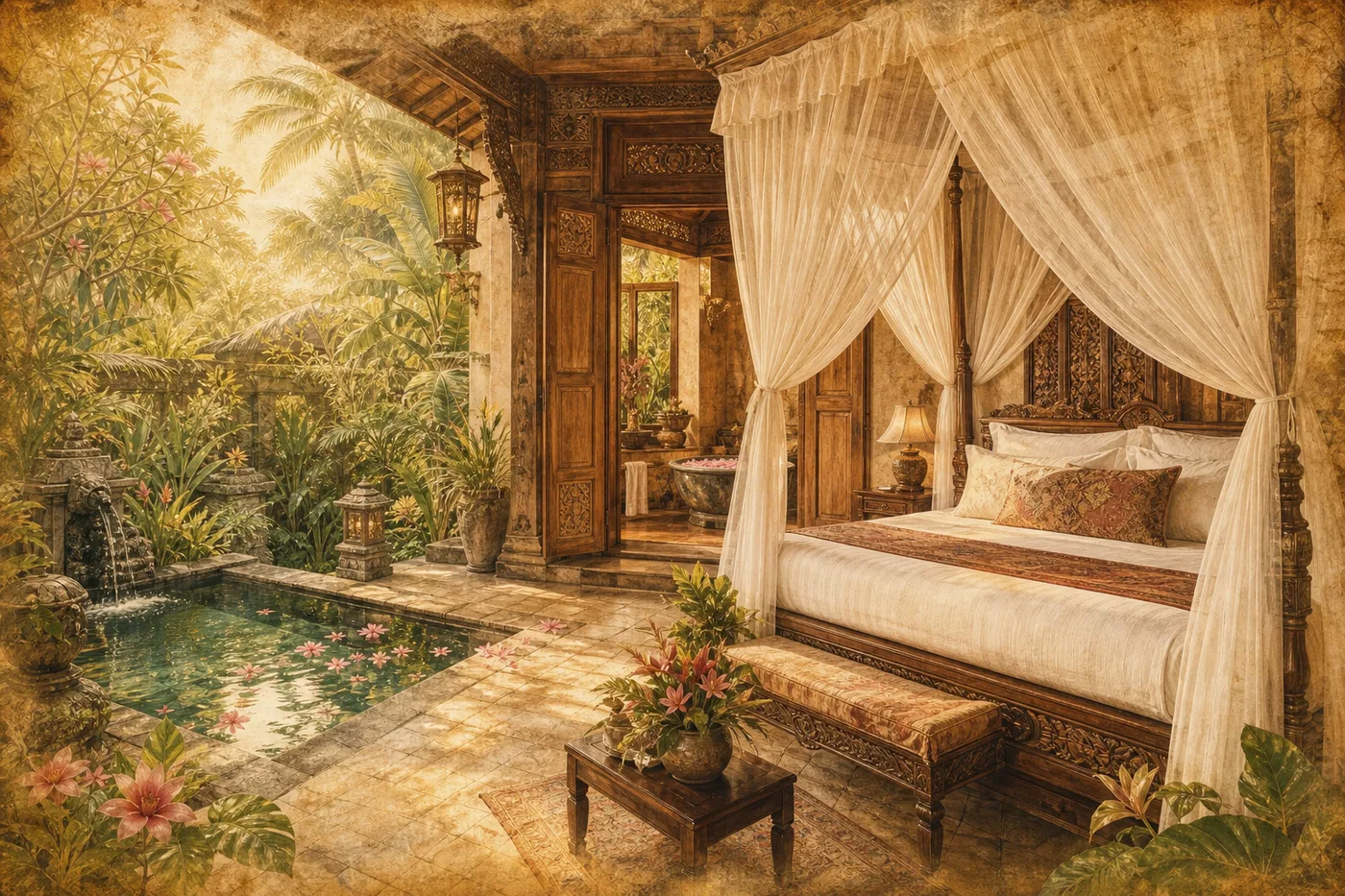 Ilustración artística de una suite tropical con cama con dosel y alberca privada inspirada en la Dedari Suite