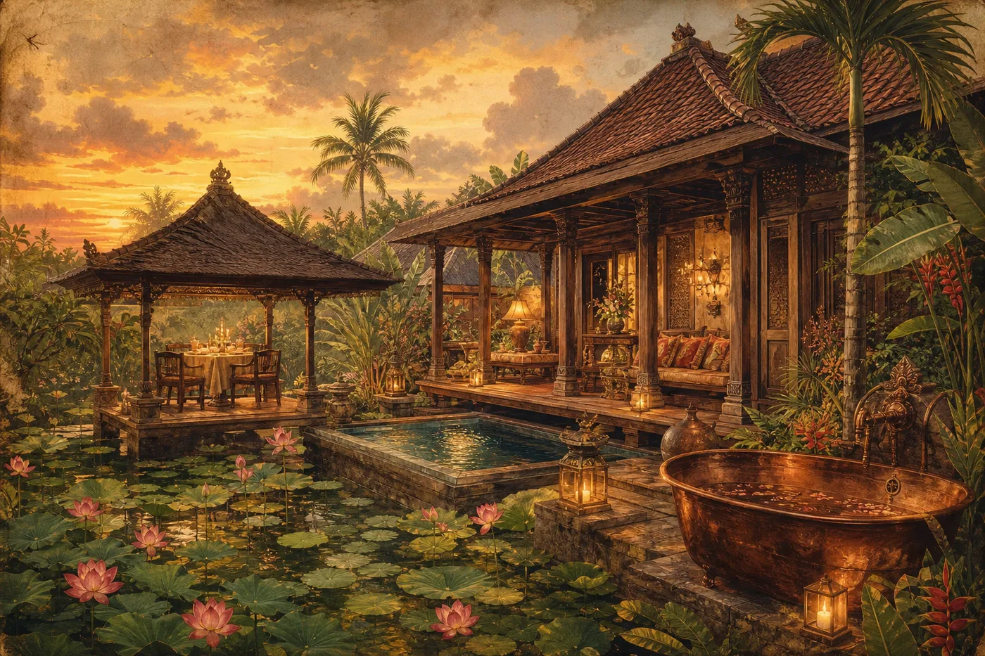 Ilustración artística de una villa sobre un estanque de lotos inspirada en Puri Le Mayeur