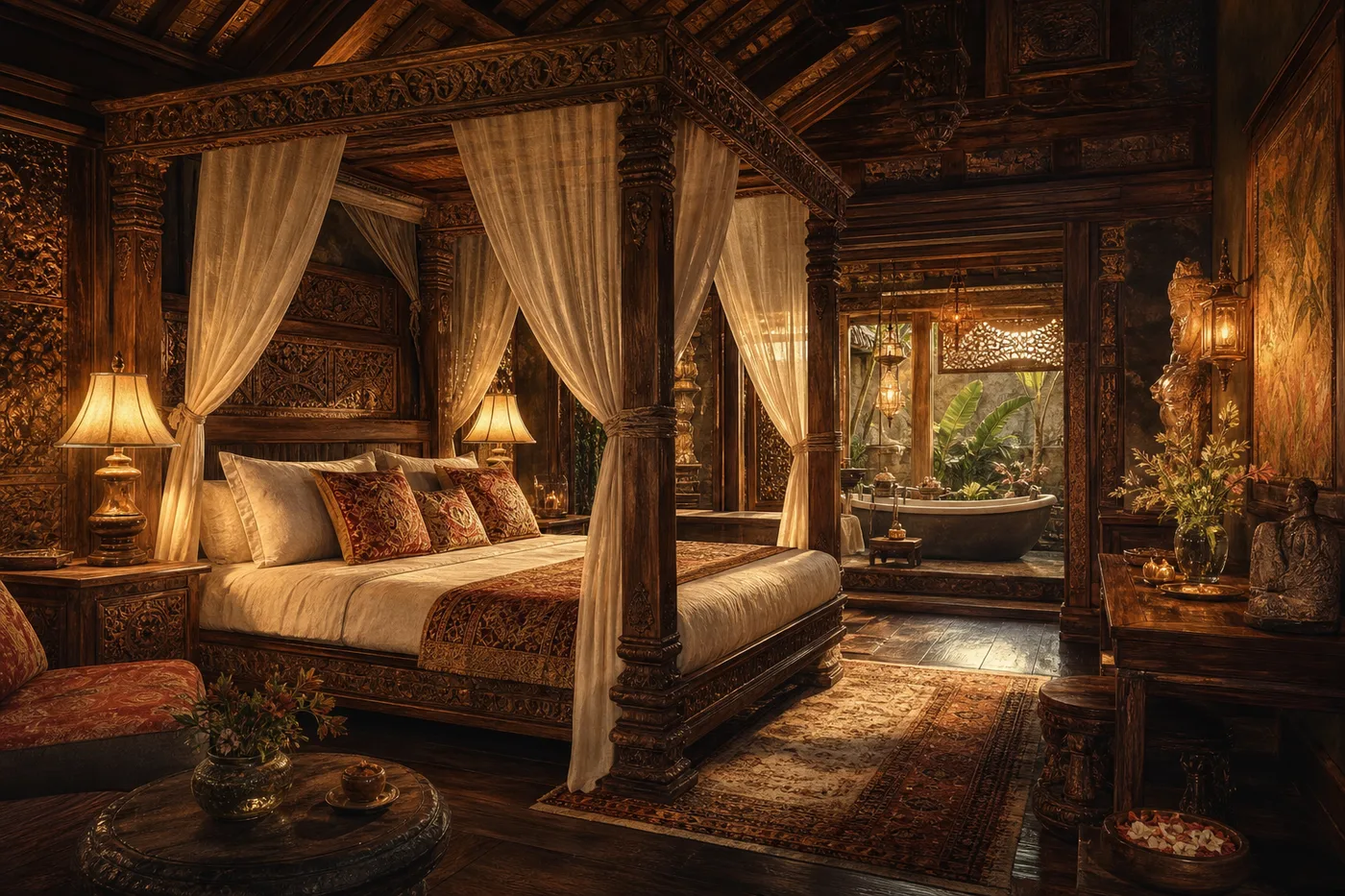 Ilustración artística de una suite balinesa en madera oscura inspirada en la Rejang Suite