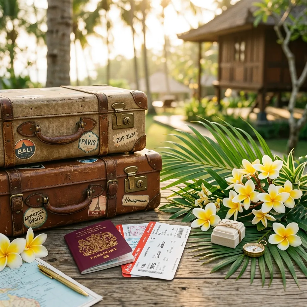 Maletas vintage, pasaporte con sellos y flores de frangipani sobre una mesa de madera con luz cálida